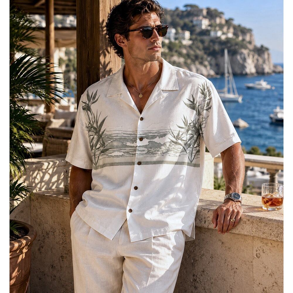 Tommy Bahama SILK Shirt Men XL Floral Hawaiian Island Surf Waves Beach Ocean EUC